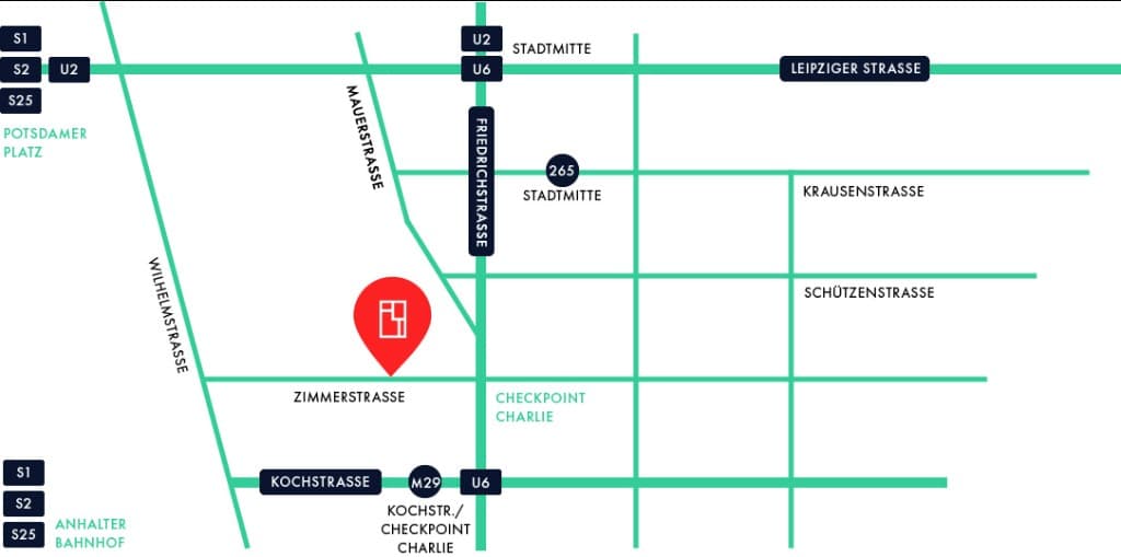 Schematische Übersichtskarte zur Lage von House of Tales (Zimmerstraße, Berlin-Mitte) mit nahen U-, S-Bahnen und Bushaltestellen sowie Straßennamen.